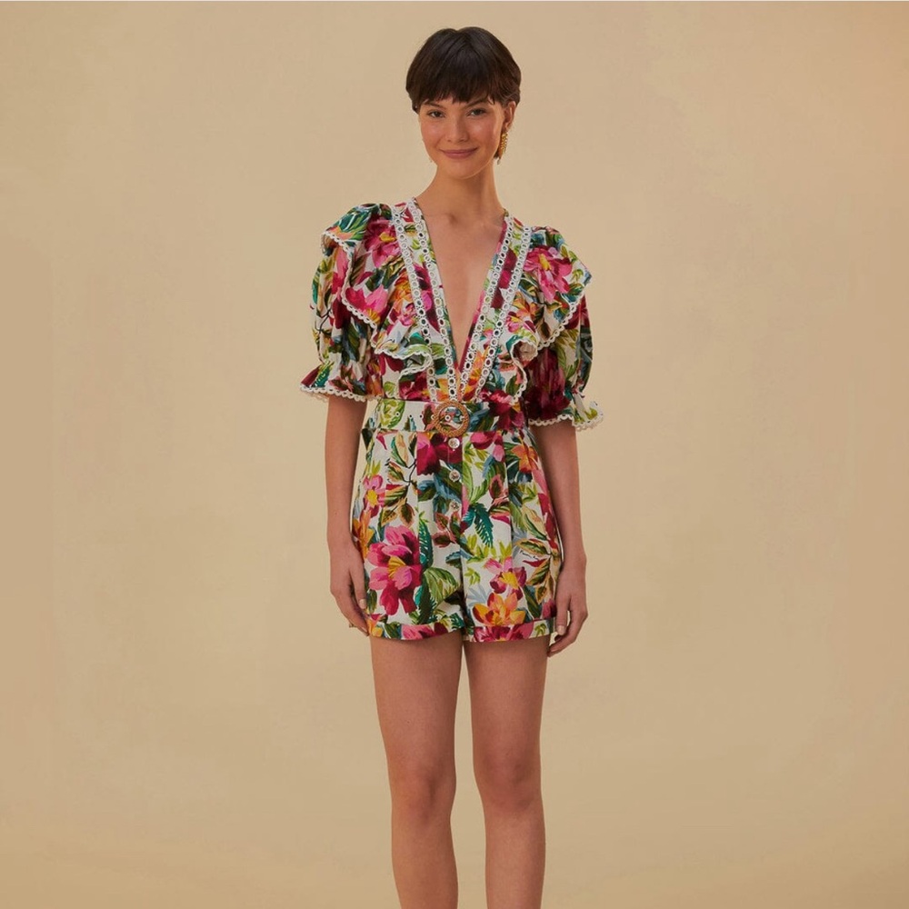 NWT Farm Rio Off-White Painted Flowers Romper